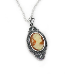 Sterling Silver "Aldine" Resin Cameo Necklace Adjustable Chain 16-18", Salmon