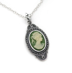 Sterling Silver "Aldine" Resin Cameo Necklace Adjustable Chain 16-18", Green