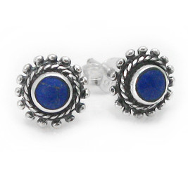 Sterling Silver Round Stone Inlay "Elle" Everyday Stud Post Earrings, Lapis Lazuli