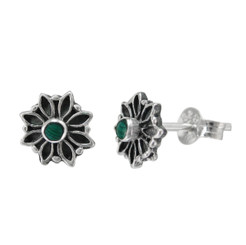 Sterling Silver Stone Flower Frame Stud Post Earrings, Malachite