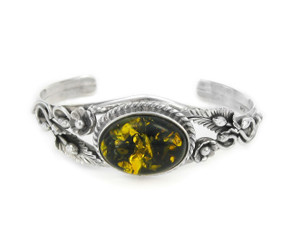 Green Baltic Amber Sterling Silver Flowers Leaves Vine Cuff Bracelet