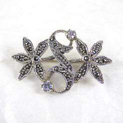 Vintage Sterling Silver Marcasite & Crystal Flowers Brooch
