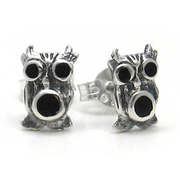 Sterling Silver Owl and Stone Inlay Stud Post Earrings, Onyx