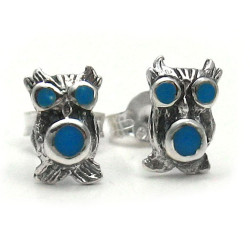 Sterling Silver Owl and Stone Inlay Stud Post Earrings, Turquoise