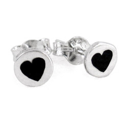 Sterling Silver Black Enamelled Heart Circle Post Earrings