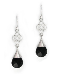 Sterling Silver Filigree Clover Crystal Briolette Drop Wire-wrapped Top Earrings, Black