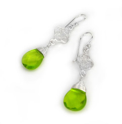 Sterling Silver Filigree Clover Crystal Briolette Drop Wire-wrapped Top Earrings, Green