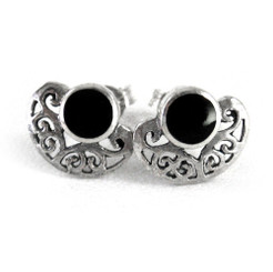 Sterling Silver Stone and Fancy Fan Stud Post Earrings, Onyx