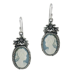 Sterling Silver Flower Topped Resin Cameo Earrings - Blue
