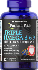 Item #18520 /Triple Omega 3-6-9 Fish, Flax & Borage Oils 奧米加3-6-9 (亞麻籽油、魚油、月見草油和琉璃苣油專利配方) 120粒[EXP 有效日期7/2026] 