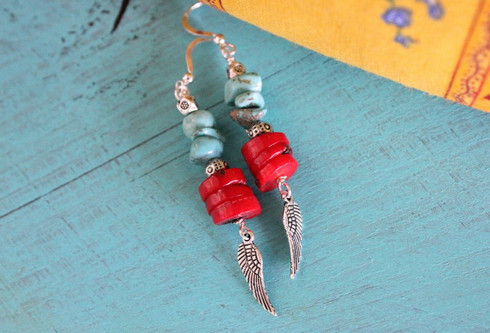 Red Bamboo and Turquoise Earrings