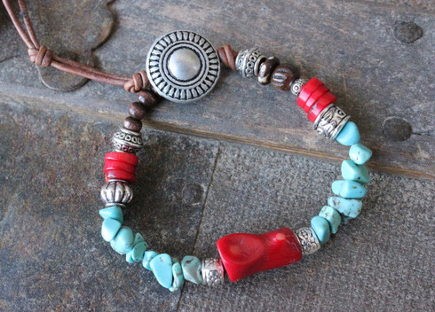 Turquoise and red coral gypsy bracelet
