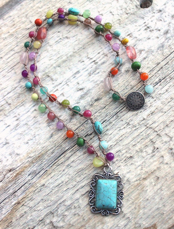 Mixed Gemstone Bohemian Crocheted Necklace With Rectangular Turquoise ...