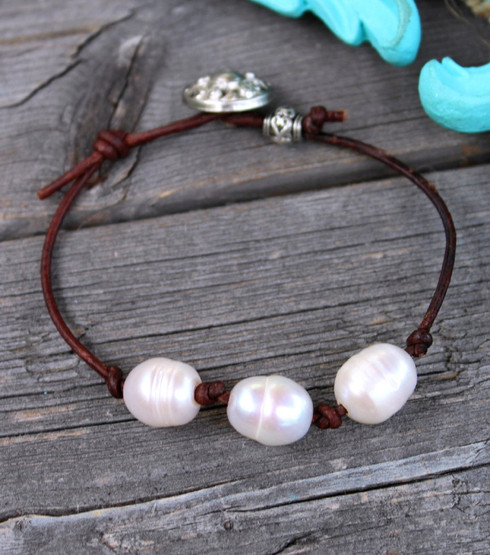 Knotted Leather Pearl Bracelet