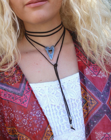 Leather Heart Wrap Lariat Necklace