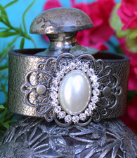 Dressy Pearl and Rhinestone Recycled Leather Cuff
