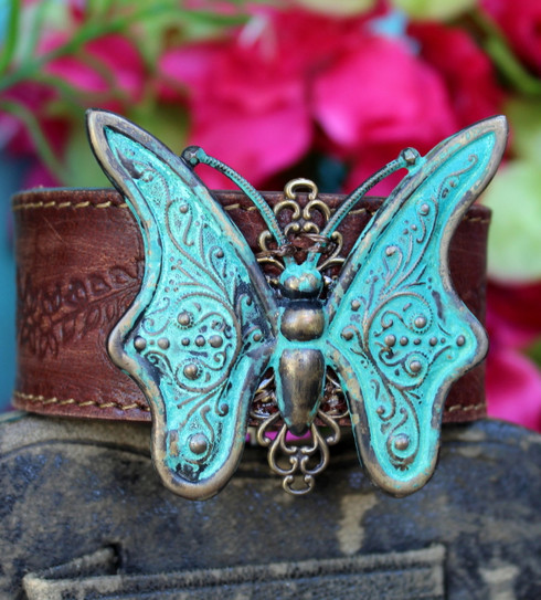 Turquoise Verdigris Butterfly Recycled Leather Cuff