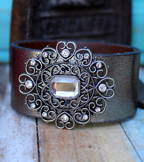 Mirror on the Wall Recycled Leather Cuff, Dressy Boho Chic Silver Bracelet with rhinestone brooch