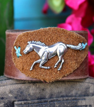 Galloping Horse Rugged Recycled Brown Leather Bracelet Cuff Cowgirl