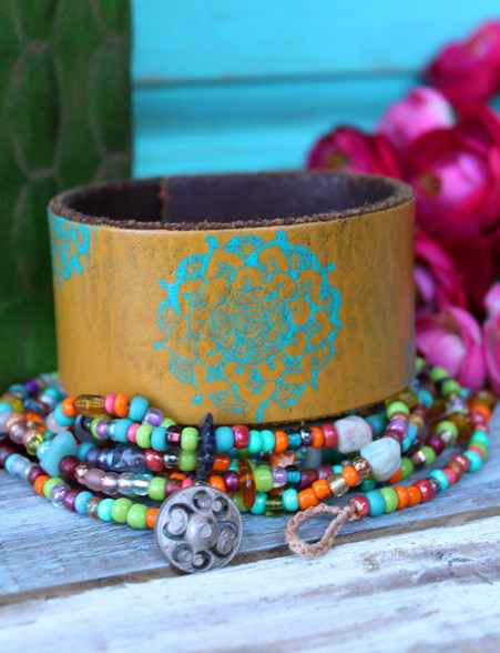 Yellow and Turquoise Mandala Hand Painted Recycled Leather Cuff