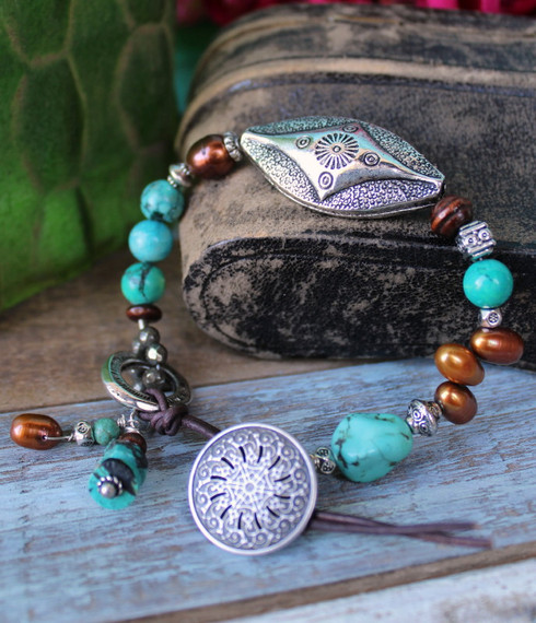 Turquoise and brown pearl beaded bohemian bracelet