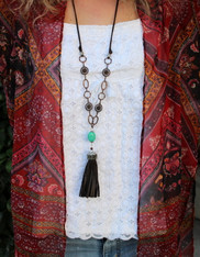 Long Leather Tassel Boho Necklace "Cassidy" Turquoise and Brown