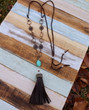 Long Leather Tassel Boho Necklace "Cassidy" Turquoise and Brown