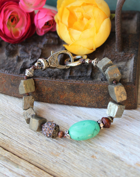 Turquoise and Pyrite Knotted Bracelet