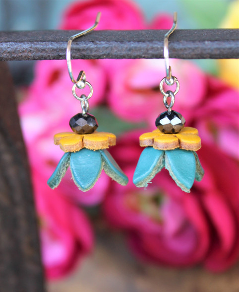 Leather Flower Earrings Turquoise Yellow