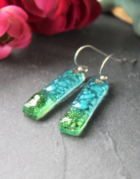 Fused Glass Earrings - Cool Mint Green and Blue