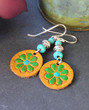 Hand-Painted Leather Earrings Yellow Green Turquoise Sterling Silver