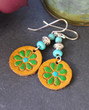 Hand-Painted Leather Earrings Yellow Green Turquoise Sterling Silver