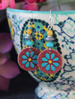 Hand-Painted Leather Earrings - Red/Turquoise/Yellow Flowers