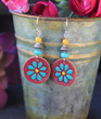 Hand-Painted Leather Earrings - Red/Turquoise/Yellow Flowers