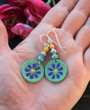 Hand-Painted Leather Earrings - Green/Purple/Yellow/Turquoise Flower