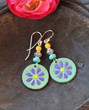 Hand-Painted Leather Earrings - Green/Purple/Yellow/Turquoise Flower
