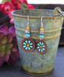 Hand-Painted Leather Flower Earrings - Brown/Turquoise/Yellow