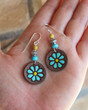 Hand-Painted Leather Flower Earrings - Brown/Turquoise/Yellow