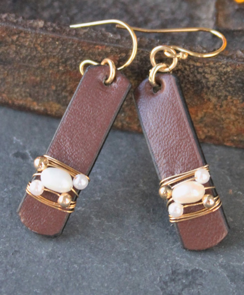 The Claire Earrings -  Wire Wrapped Pearl Leather Earrings