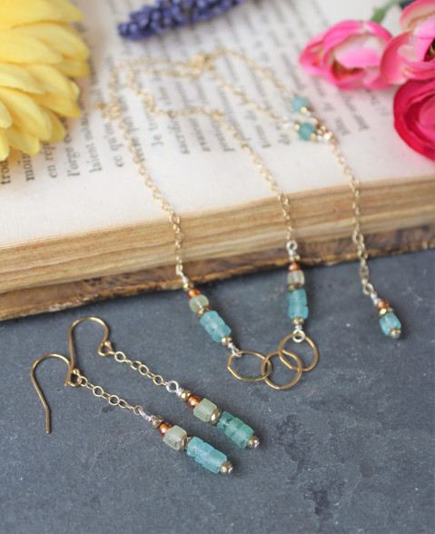Roman Glass Necklace Set "Romulus" Gold Chain Blue Recycled Glass