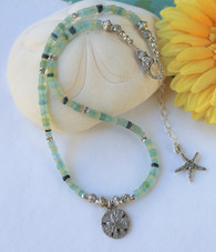 Roman Glass Beachcomber Necklace Sand Dollar Starfish Green Aqua