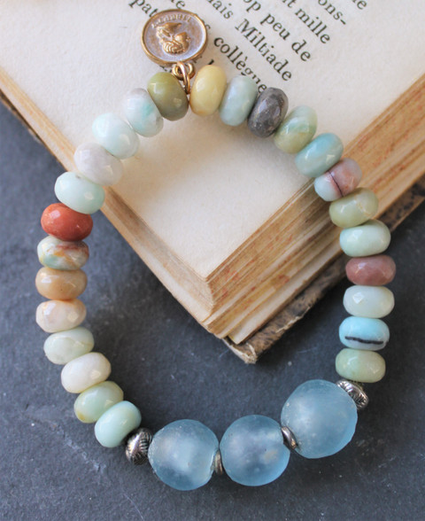 Earth and Sky Amazonite Stretch Bracelet Gemstones Recycled Glass Blue Green Aqua Turquoise