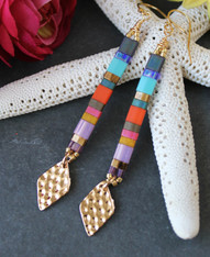 Raya Earrings - Tila Beaded Stripe Ombre Stick Long Multicolor Phoenix Diamond Gold Hammered