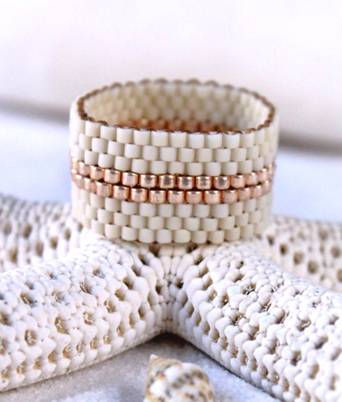 Beaded Ring Band - Ivory and Gold - Handmade seed bead ring