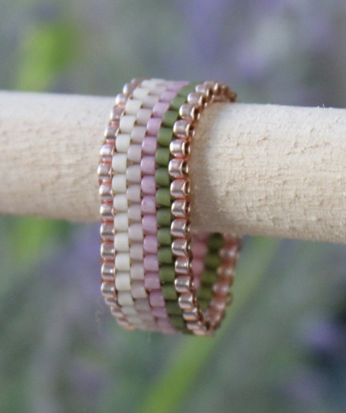 Beaded Ring Band Neutral Colors Peyote Stitch Wide Band