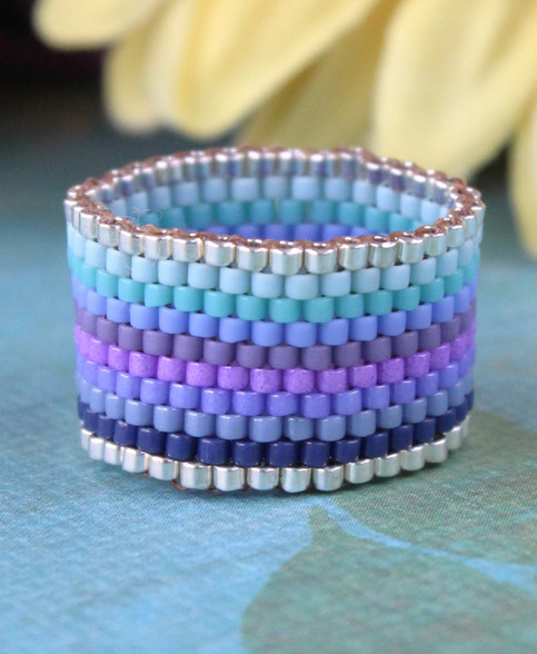 Beaded Ring Band - Bluebird Blue Ombre Ombré Gradient Silver Peyote Stitch Wide Band