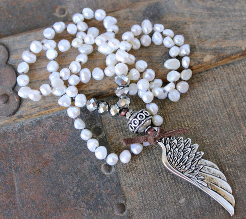 Long White Pearl Angel Wing Knotted Bohemian Necklace