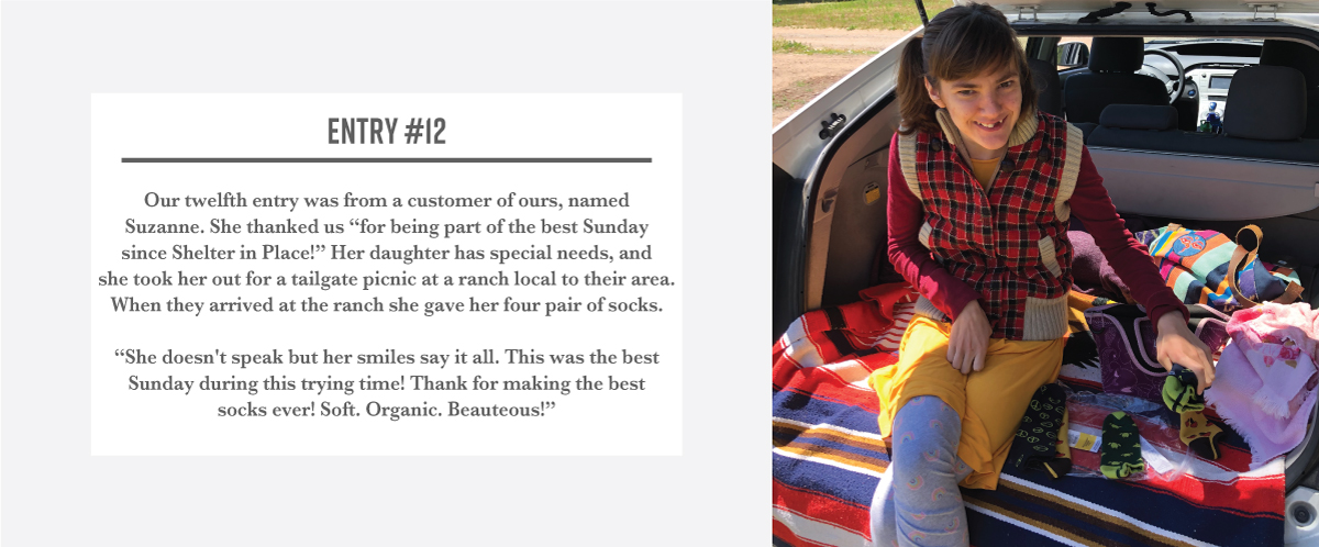 A photo of a person sitting in the back of a pickup truck with several Maggie’s socks spilling out of her backpack. The text next to her reads: Entry twelve. Our twelfth entry was from a customer of ours, named Suzanne. She thanked us 