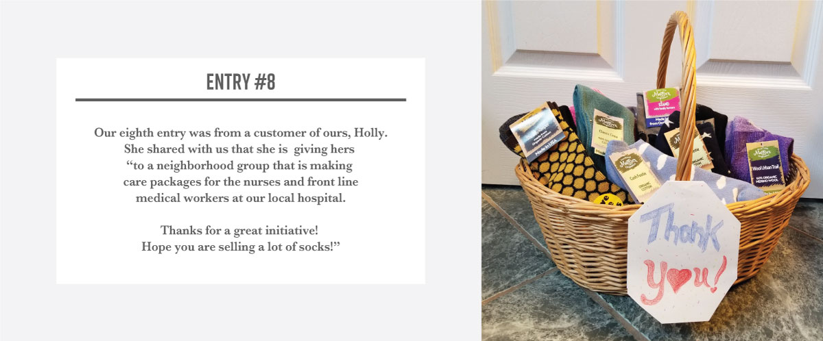 A woven basket filled with assorted Maggie’s socks and attached is a handwritten note that says Thank you. Text next to the basket reads: Our eighth entry was from a customer of ours, Holly. She shared with us that she is giving hers 