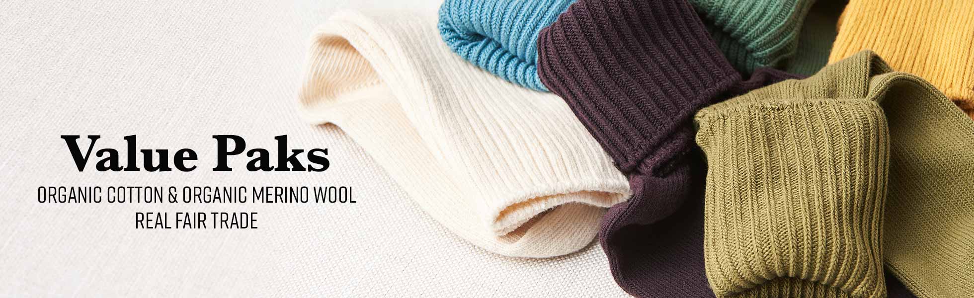 product-apparel-page-bannersocks032918-min.jpg Value Paks of Organic Cotton and Organic Merino Wool Socks